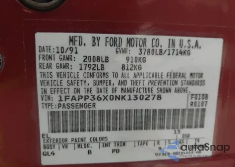 1992 Ford Tempo Gl z USA, uszkodzony, nr VIN 1FAPP36X0NK130278